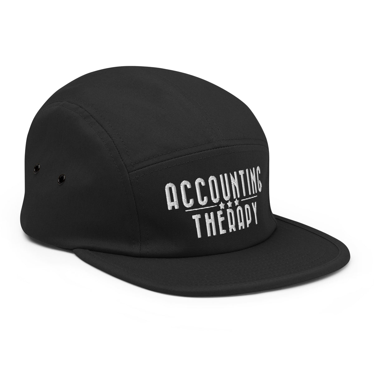 Product mockup - Front side view of a black 5-panel cap showing a low-profile soft-structured hat with flat brim