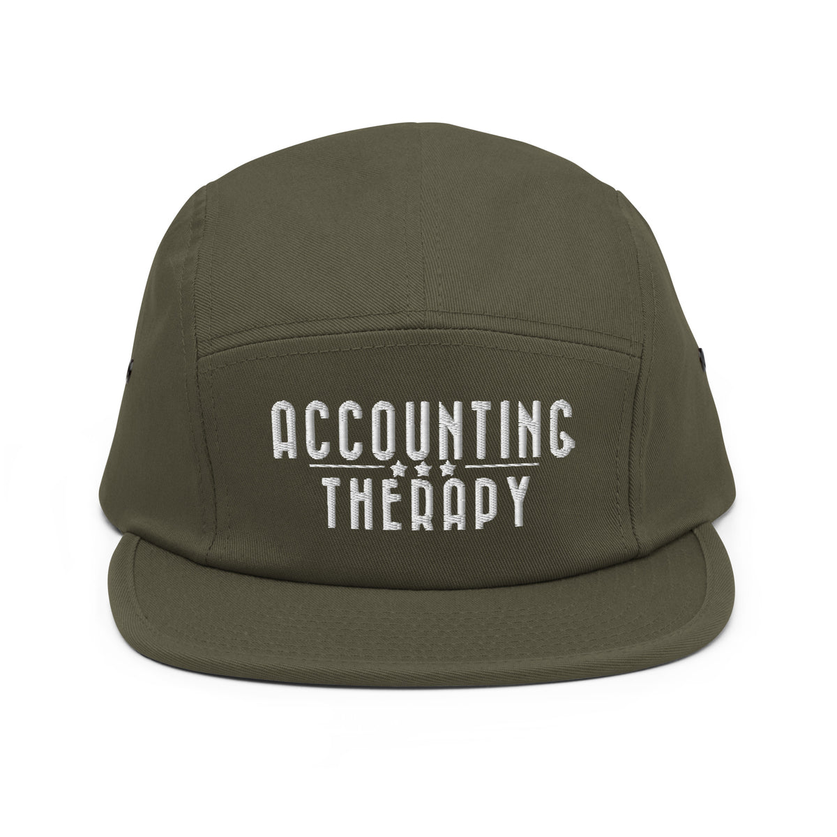 Product mockup - front view of a olive 5-panel cap showing a low-profile soft-structured hat with flat brim