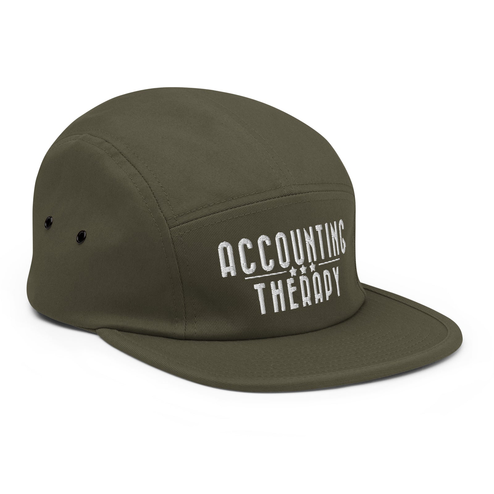 Product mockup - Front side view of a olive 5-panel cap showing a low-profile soft-structured hat with flat brim