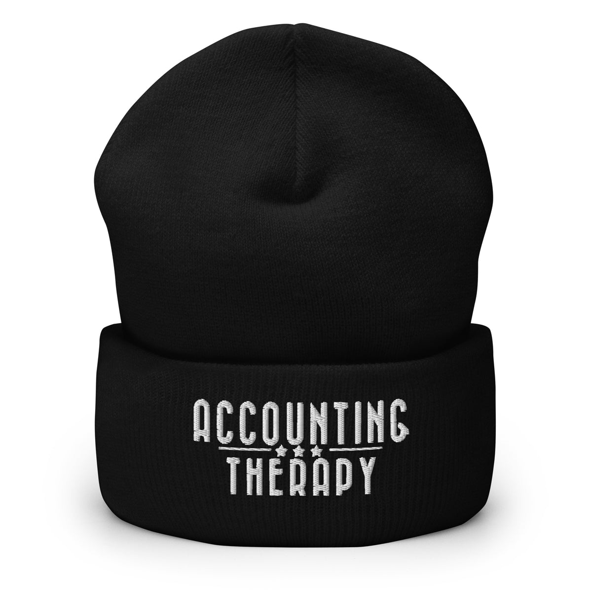 Product mockup - Front view of an black cuffed beanie showing a ribbed knit winter hat with a folded cuff