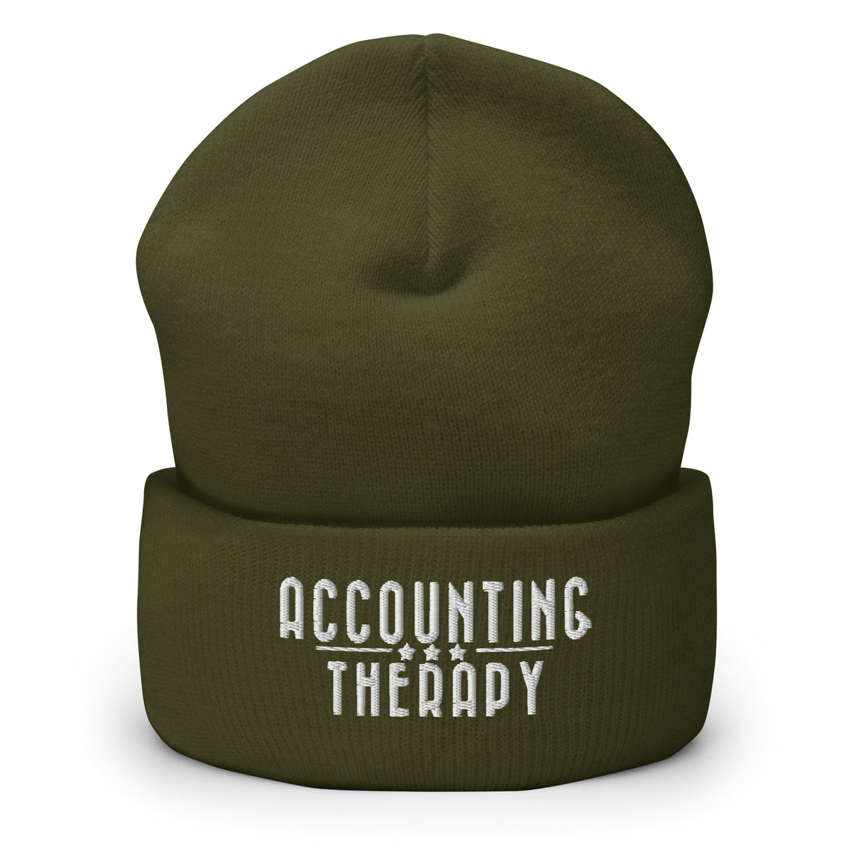 Product mockup - Front view of an olive green cuffed beanie showing a ribbed knit winter hat with a folded cuff