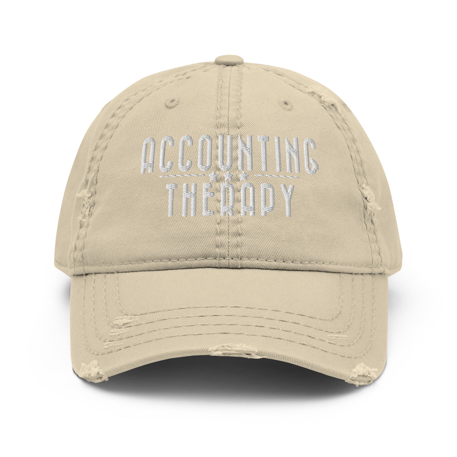 Product mockup - Front view of a khaki distressed dad hat showing a low-profile unstructured baseball cap with curved brim
