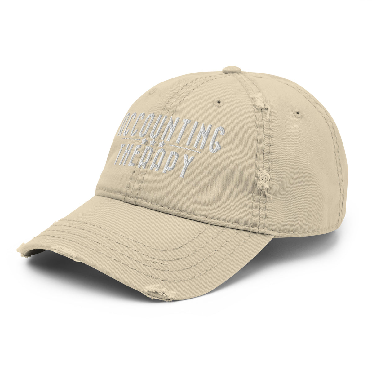 Product mockup - Left-front view of a khaki distressed dad hat showing a low-profile unstructured baseball cap with curved brim