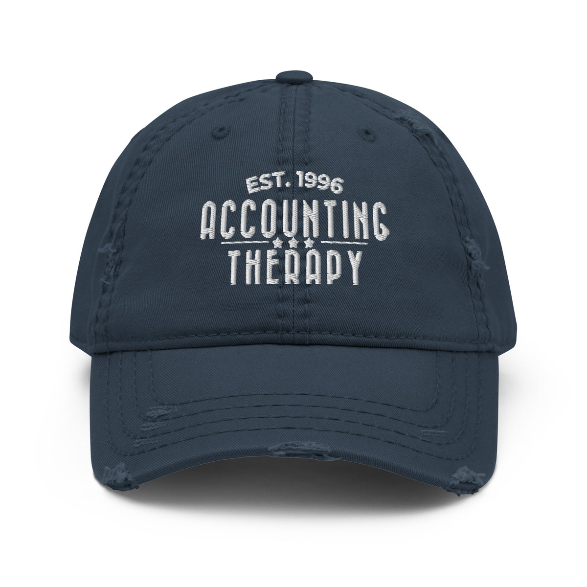 Product mockup - Front view of a blue distressed dad hat showing a vintage-style baseball cap with curved brim and unstructured fit