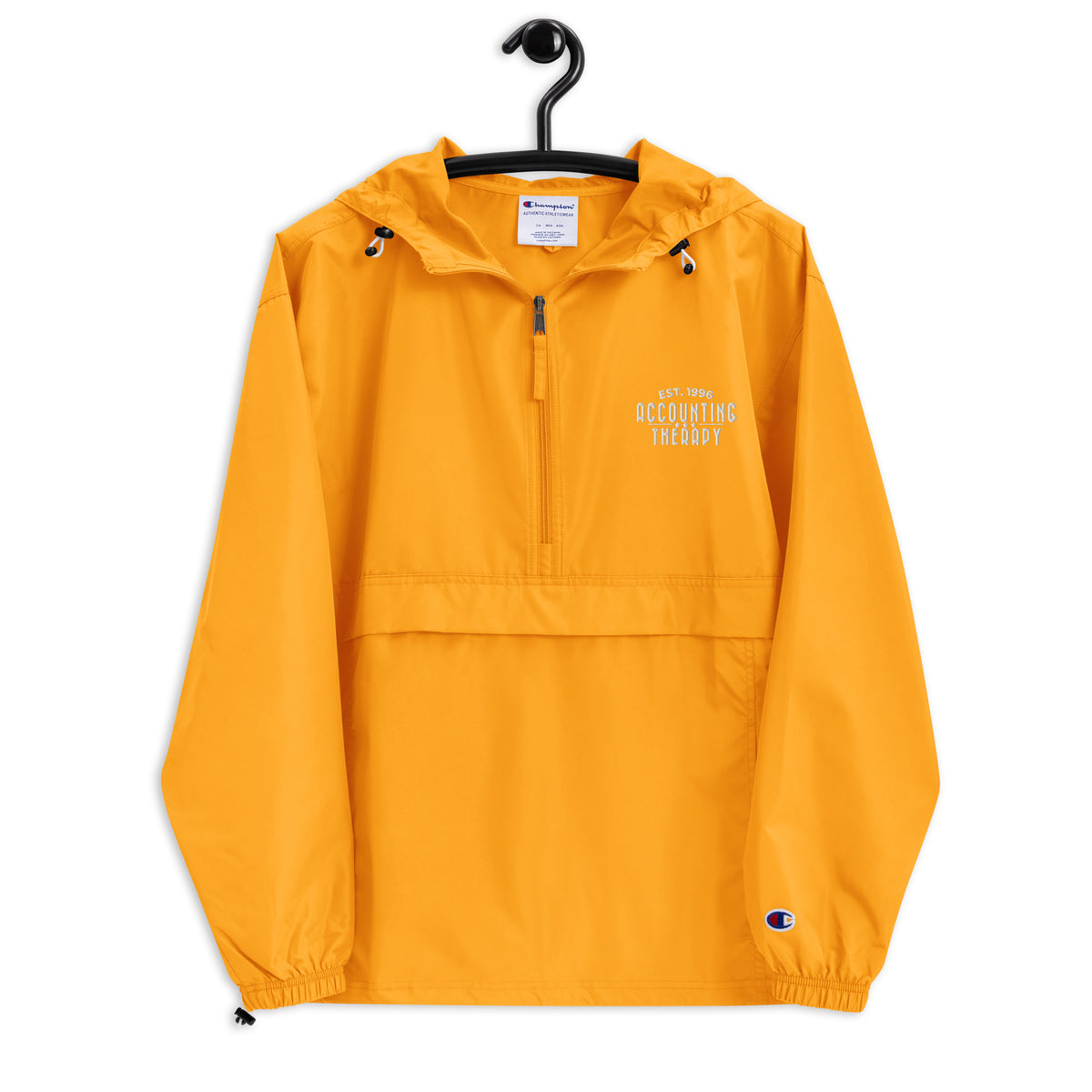 Product mockup - Front view of a yellow embroidered Champion packable jacket showing a lightweight hooded pullover with half-zip and front pocket