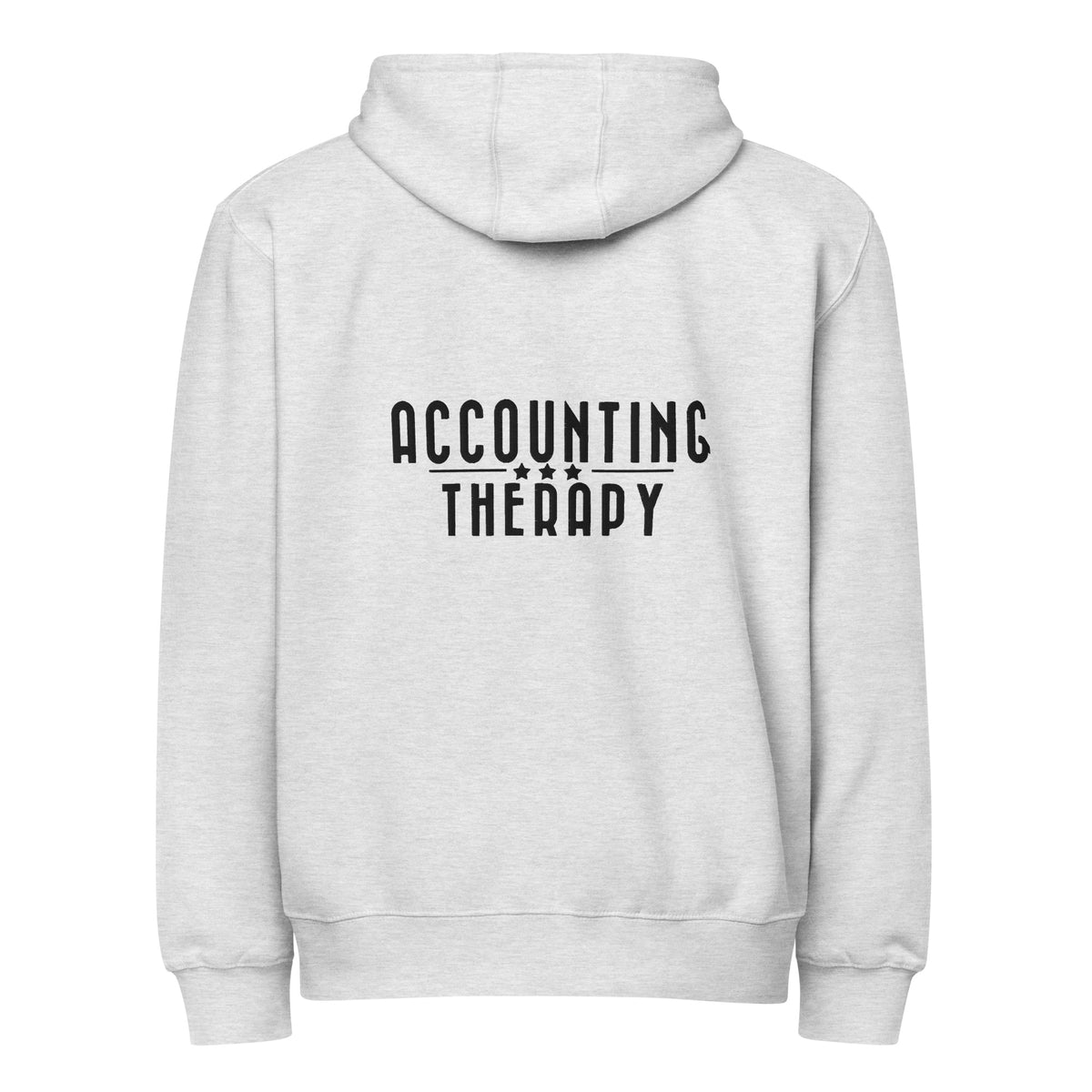 Product mockup - Back view of a heather grey unisex full zip hoodie showing a relaxed fit hooded sweatshirt with long sleeves and ribbed hem