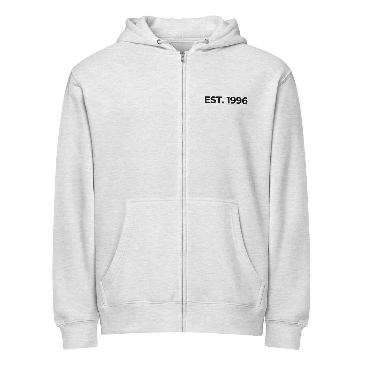 Product mockup - Front view of a heather grey unisex full zip hoodie showing a relaxed fit hooded sweatshirt with long sleeves and ribbed hem