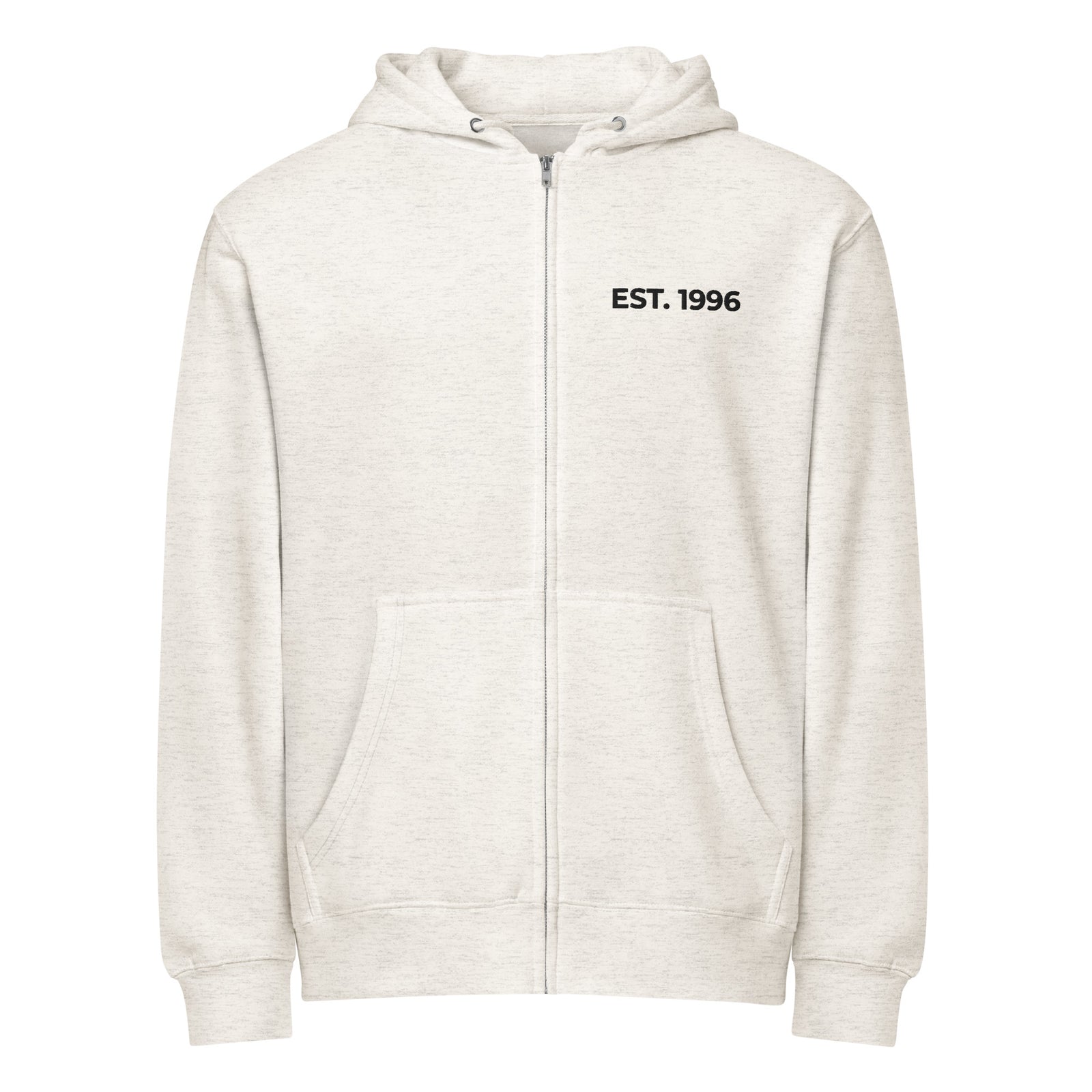 Product mockup - Product mockup - Front view of a oatmeal unisex full zip hoodie showing a relaxed fit hooded sweatshirt with long sleeves and ribbed hem