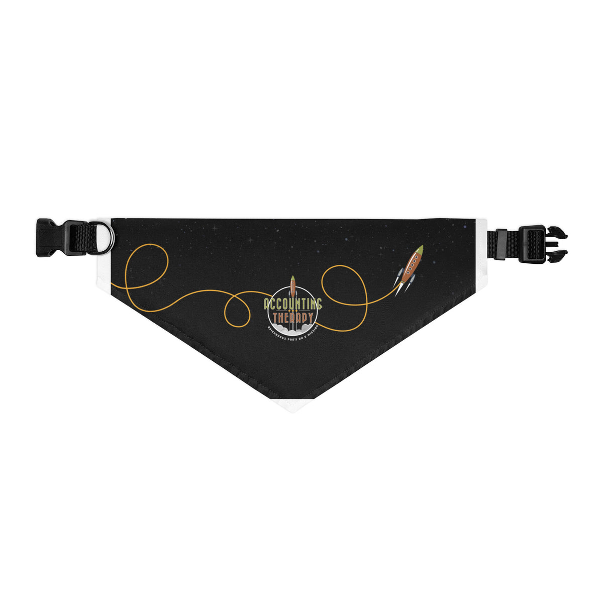 Product mockup - Front view of a black pet bandana collar in XL size showing a triangular bandana attached to an adjustable collar