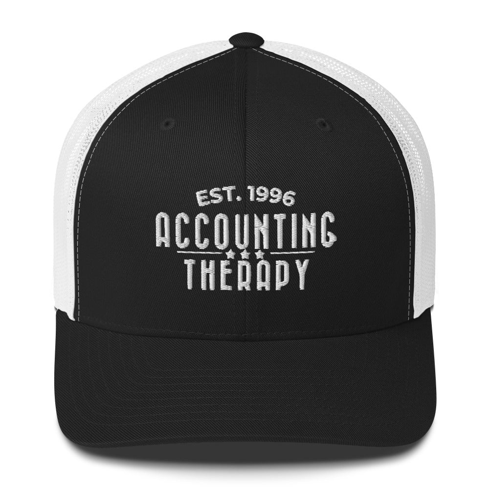 Product mockup -Front view of a retro trucker hat in black with mesh back panels and a structured front