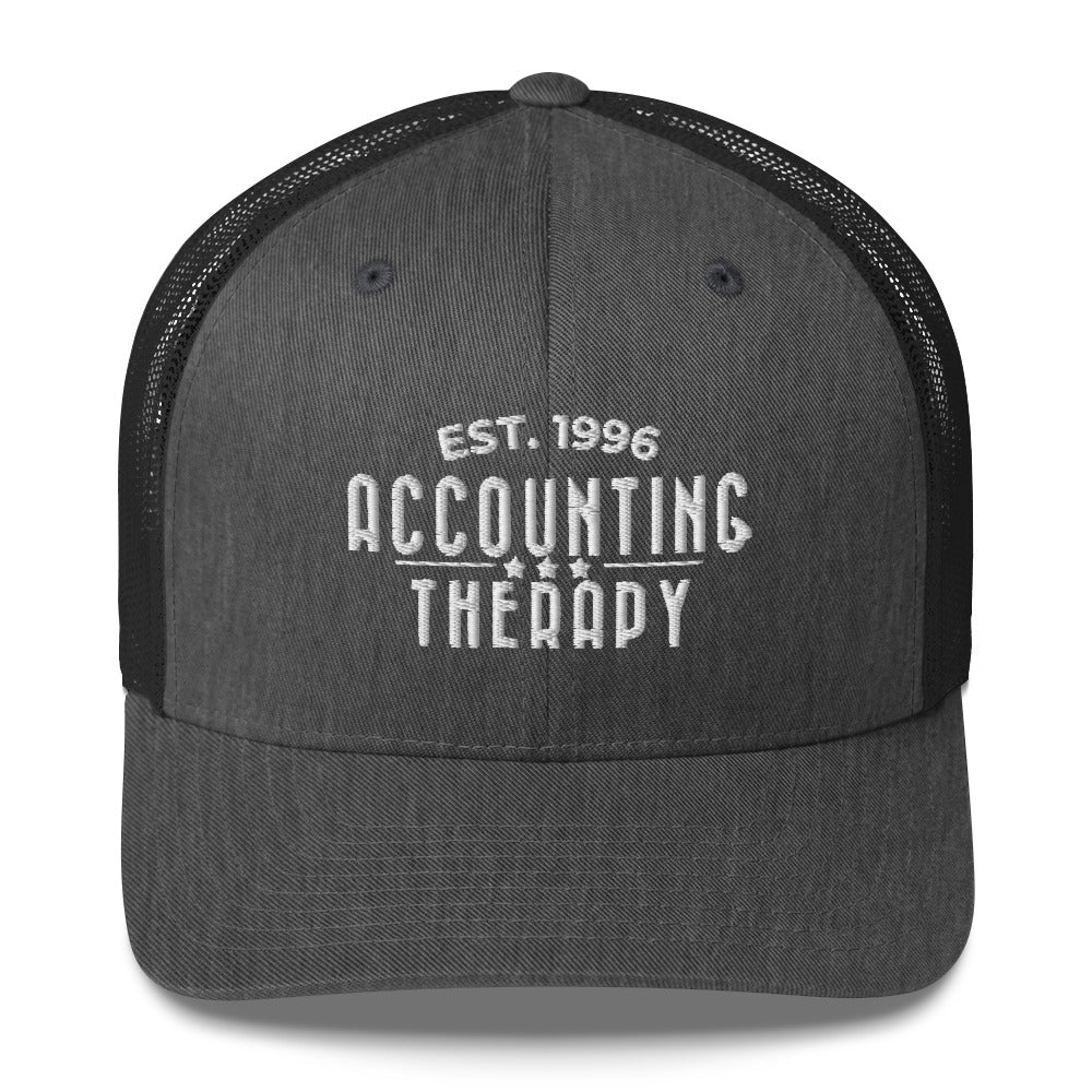 Product mockup - Front view of a retro trucker hat in dark heather gray with mesh back panels and a structured front