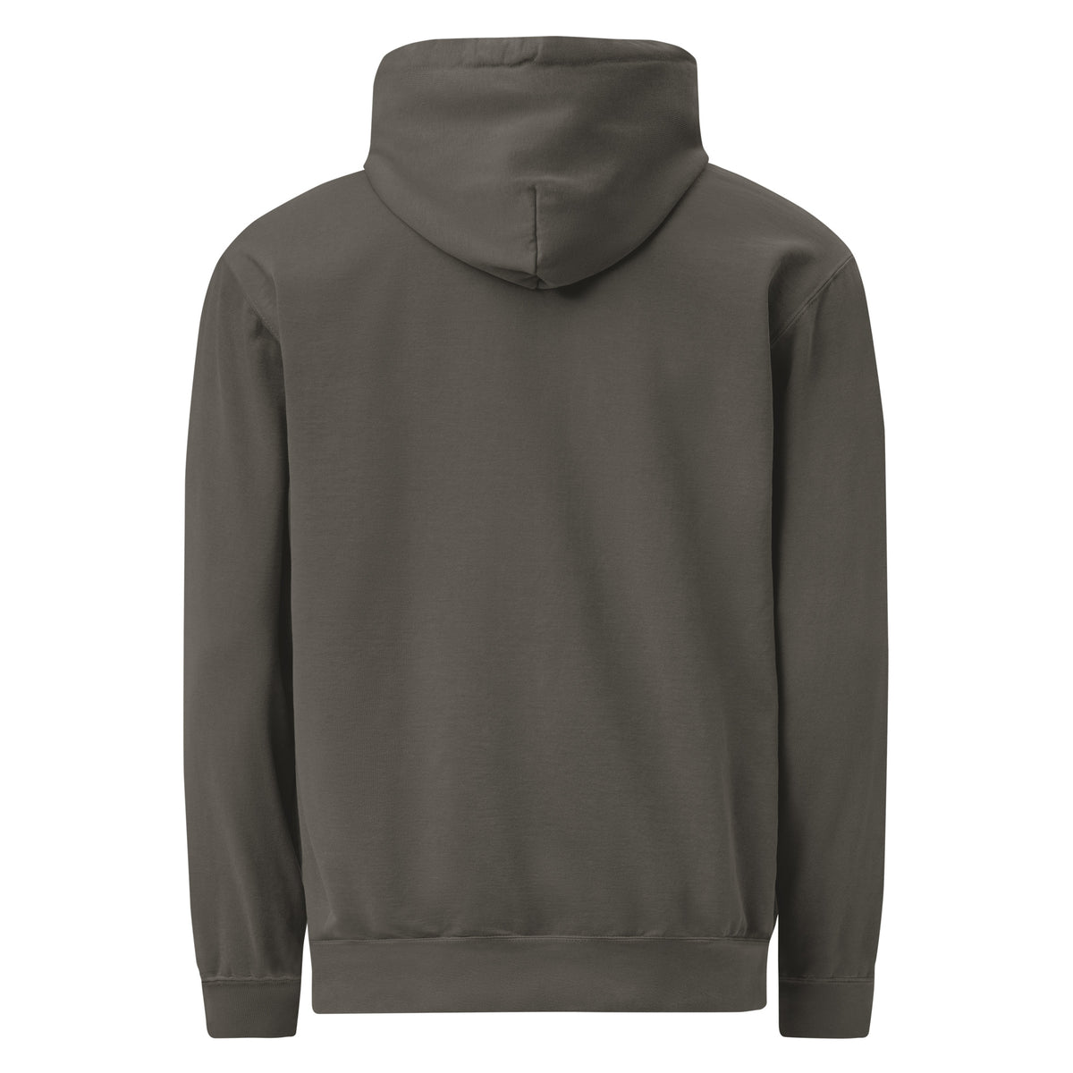 Product mockup - Back view of a pepper Comfort Colors unisex garment-dyed hooded sweatshirt showing a relaxed fit hoodie with drawstrings and front pouch pocket