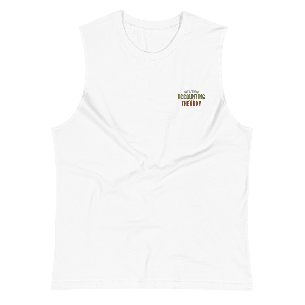 Product mockup - Front view of a white unisex muscle shirt showing blank design area on sleeveless tank top