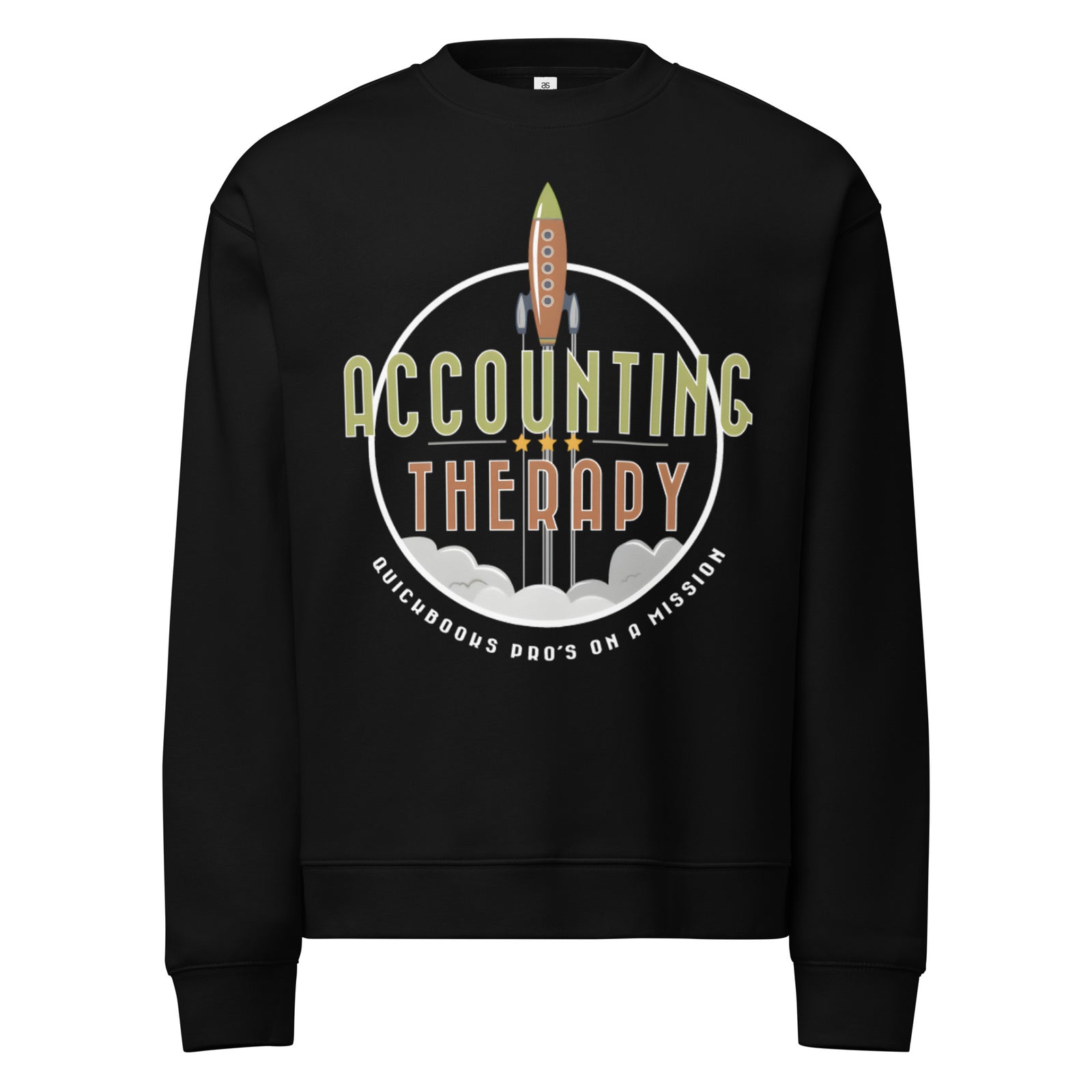 Black sweatshirt with 'Accounting Therapy' graphic design 