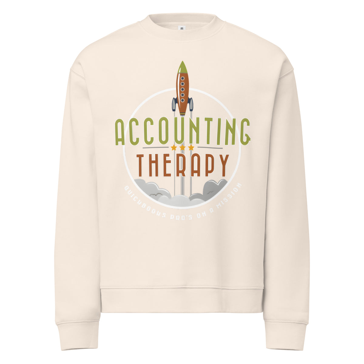 Beige sweatshirt with 'Accounting Therapy' graphic design