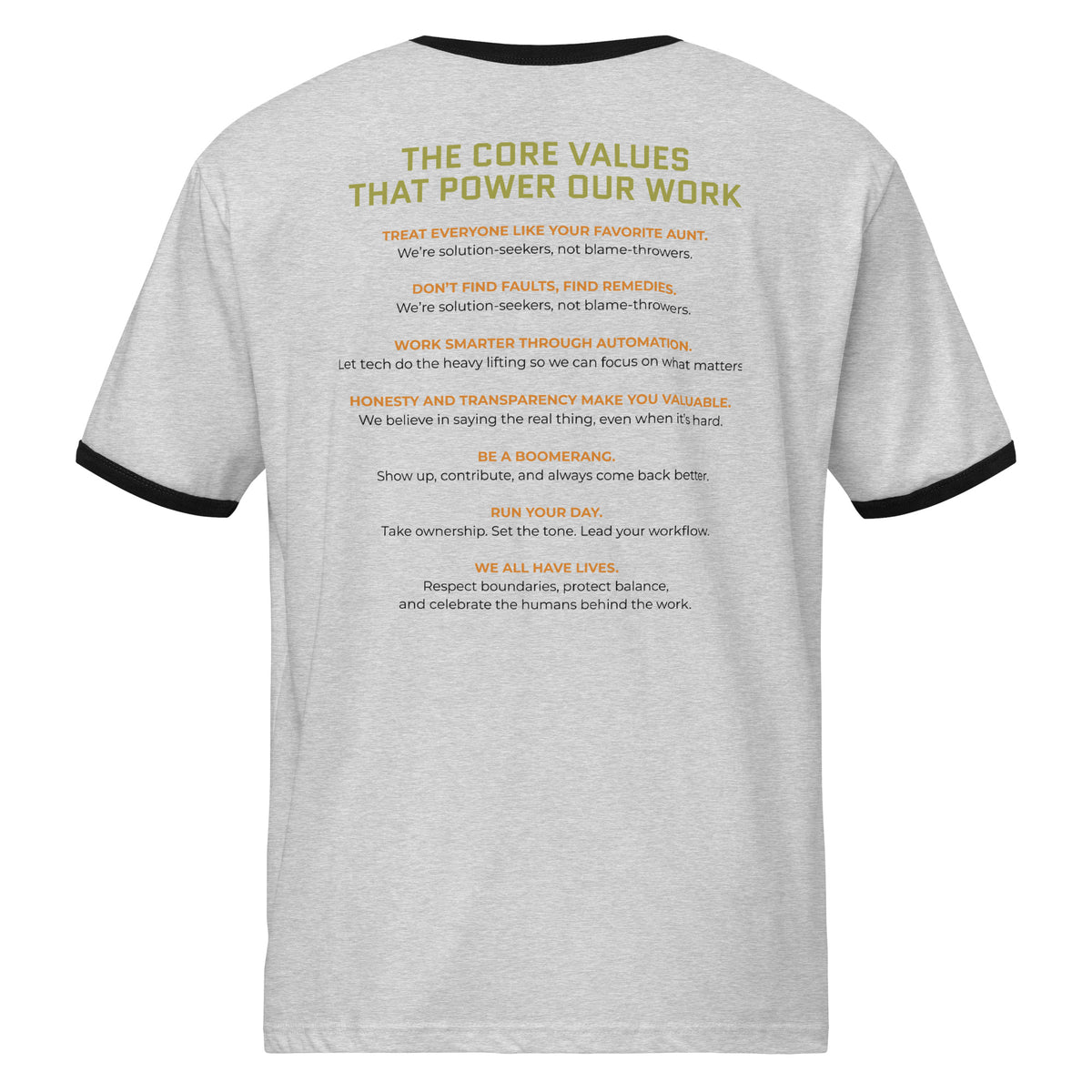 Product mockup - Back view of a grey and black unisex ringer t-shirt showing a crew neck tee with contrasting green collar and sleeve bands