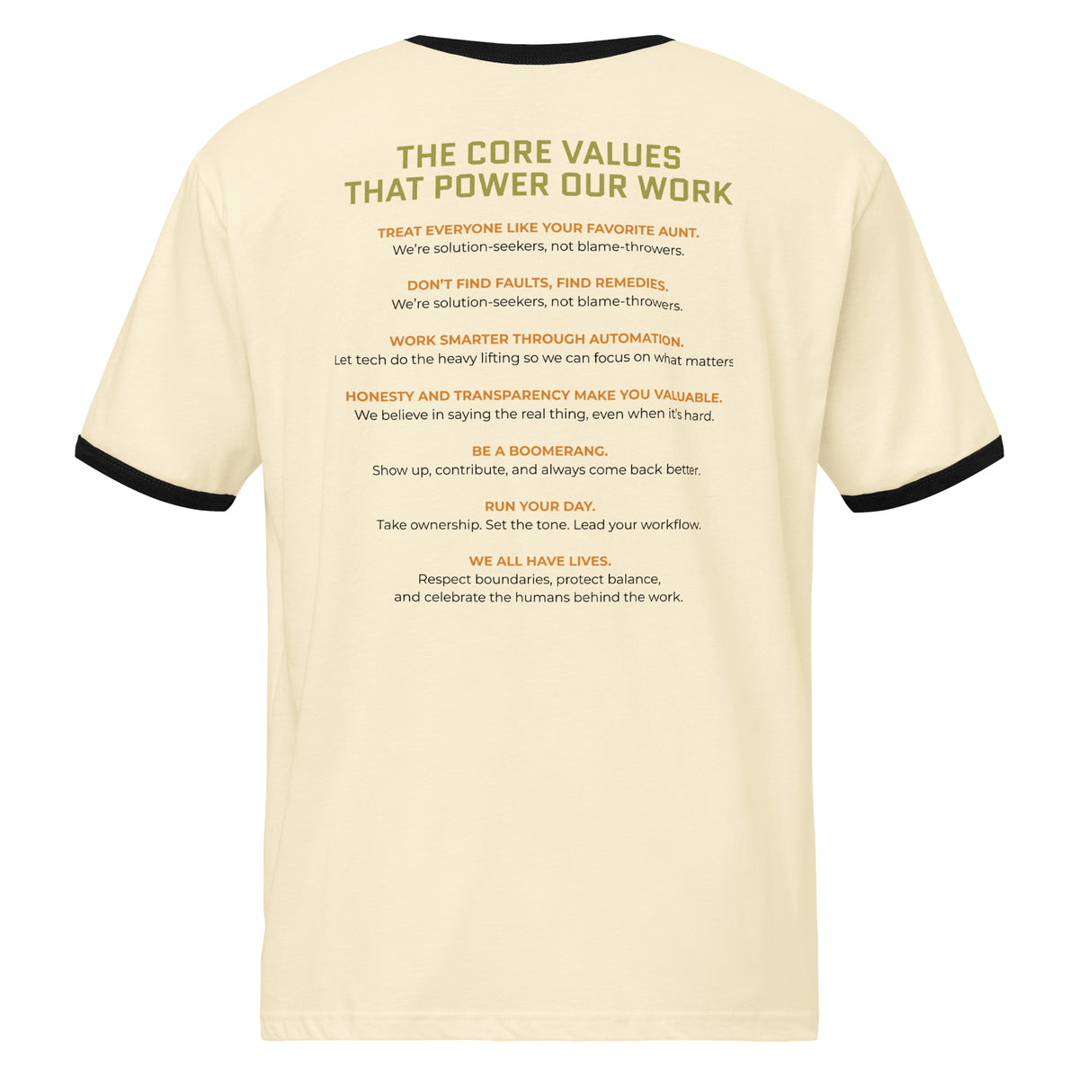 Product mockup - Back view of a natural and black unisex ringer t-shirt showing a crew neck tee with contrasting green collar and sleeve bands