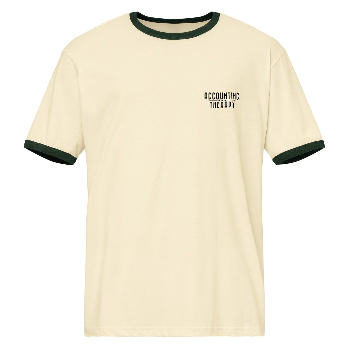 Product mockup -  Front view of a natural and forest green unisex ringer t-shirt showing a crew neck tee with contrasting green collar and sleeve bands