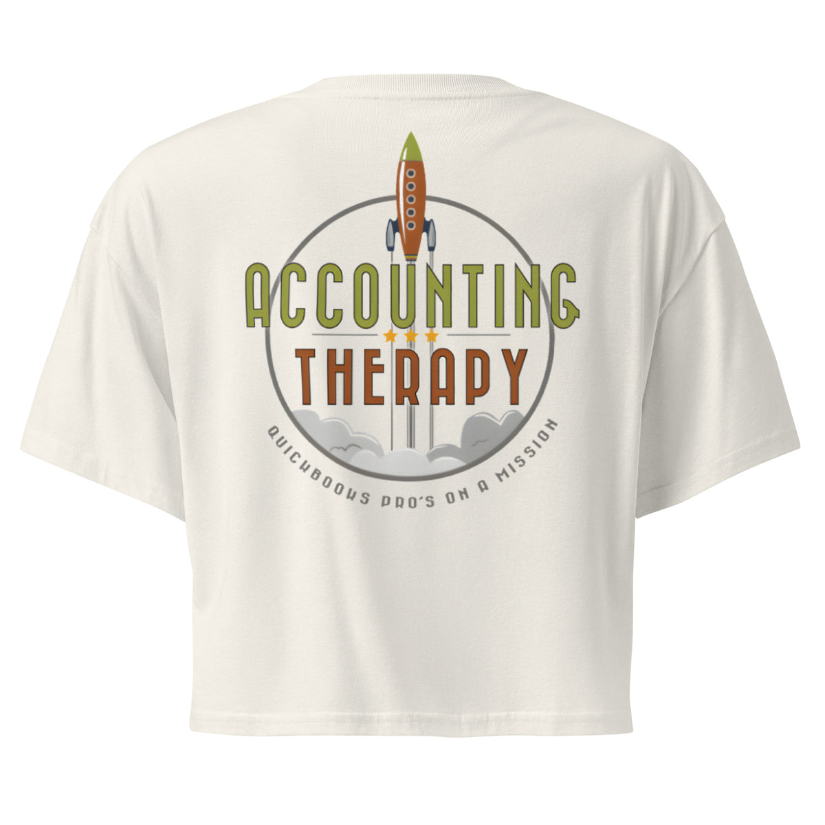 Product mockup - Back view of a bone-colored women’s crop top showing a short length t-shirt with a relaxed fit and short sleeves